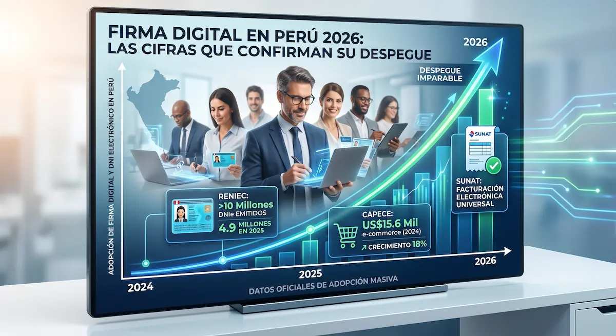 Gráfico de crecimiento de la adopción de firma digital y DNI electrónico en Perú 2025-2026