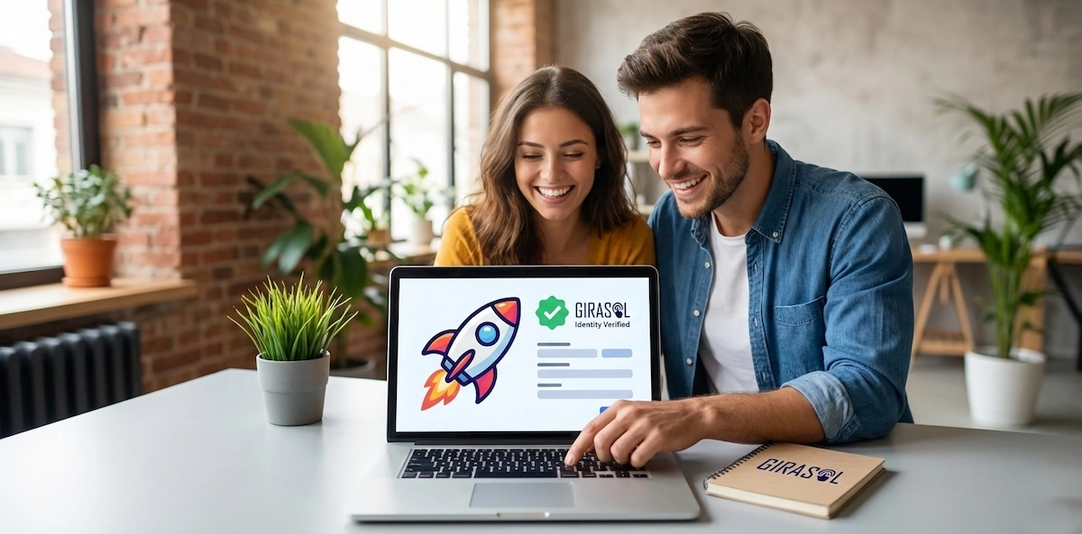 Emprendedores creando empresa SACS en laptop sin ir al notario