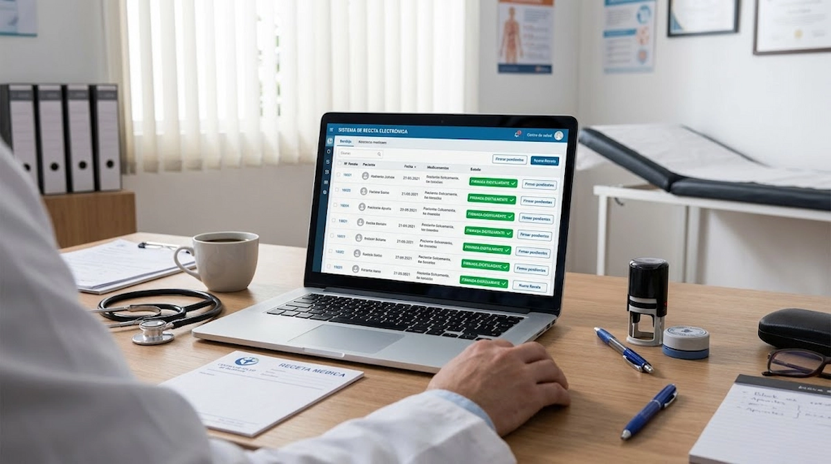 Médico firmando una receta electrónica con certificado digital profesional en el sistema de una clínica