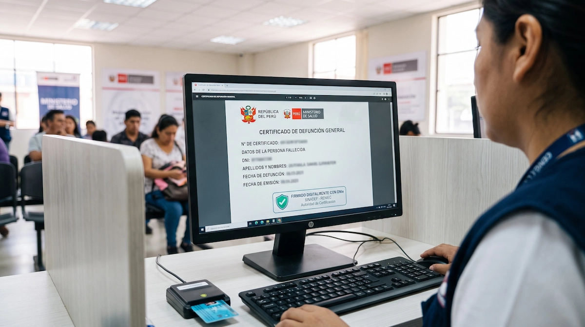 Médico firmando un certificado de defunción en SINADEF con su DNI electrónico
