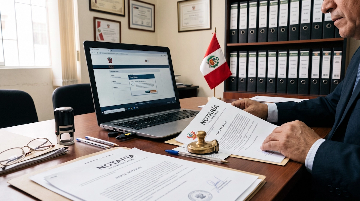 Notario firmando digitalmente un parte notarial para presentarlo por SID-SUNARP