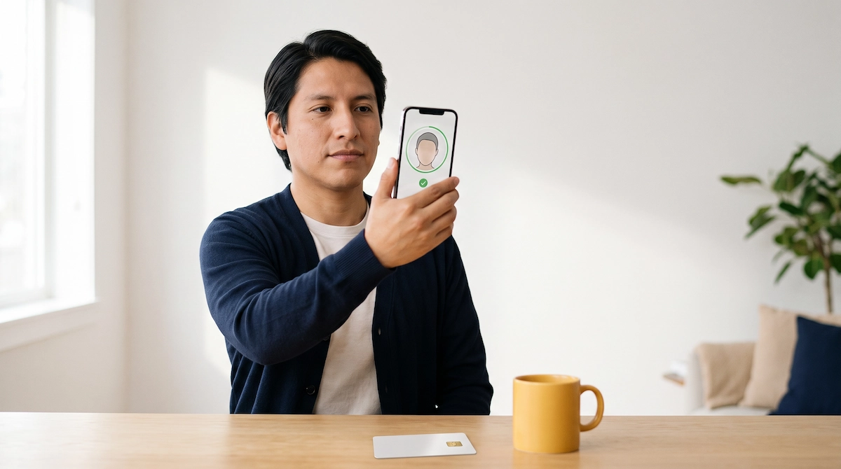 Persona validando su rostro con la app DNI BioFacial 3.0 en un celular para tramitar el DNI electrónico