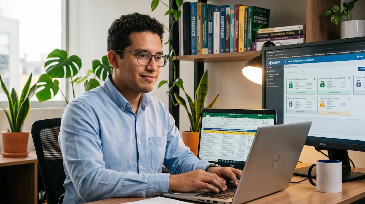 Contador peruano revisando en su computadora el control de vencimientos de los certificados digitales de sus clientes