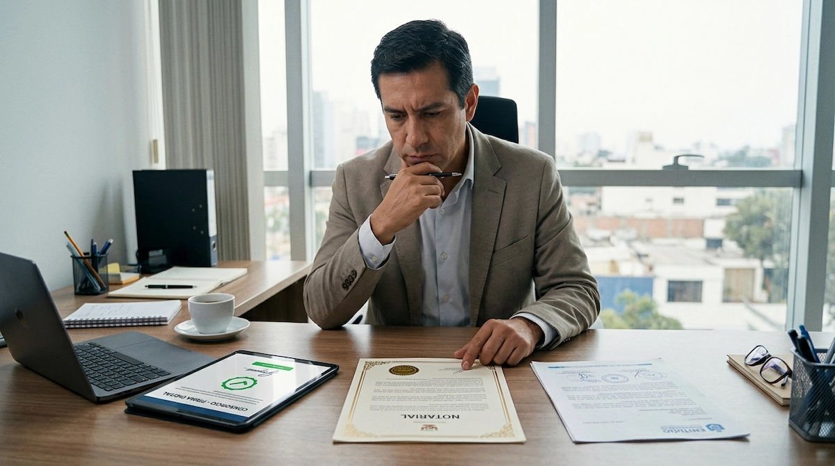Profesional peruano firmando digitalmente un contrato con una entidad pública mientras revisa documentos de su consorcio