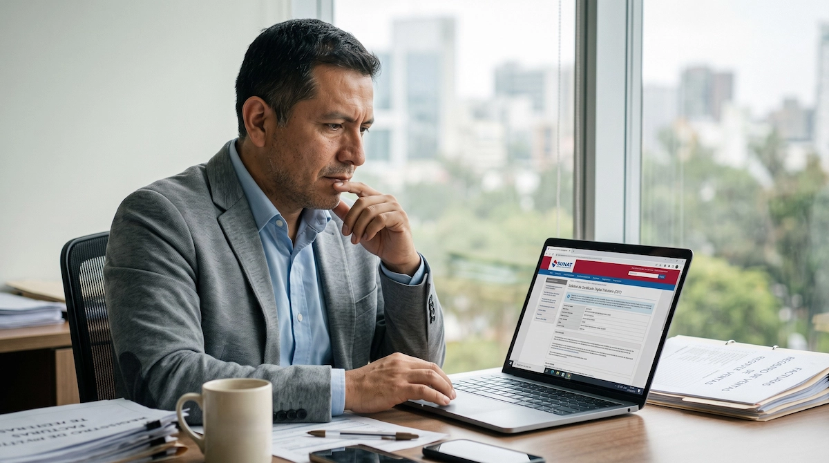 Contribuyente peruano revisando los requisitos del Certificado Digital Tributario en el portal de SUNAT