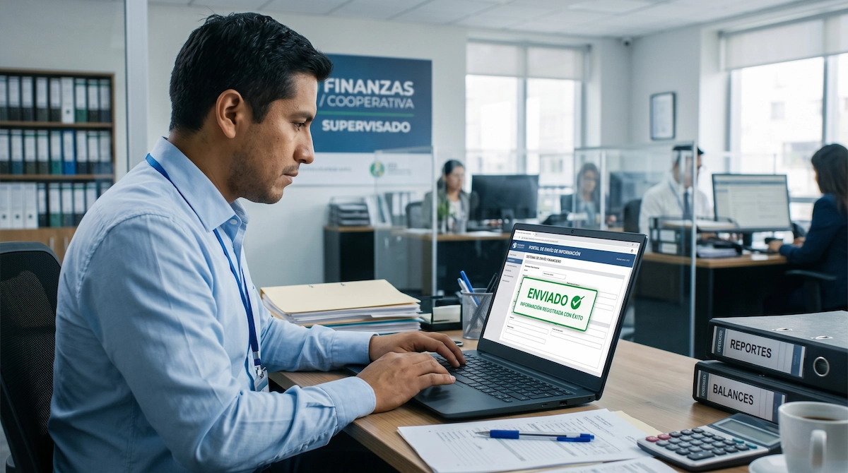 Gerente de una cooperativa de ahorro y crédito firmando digitalmente un acta con su DNI electrónico