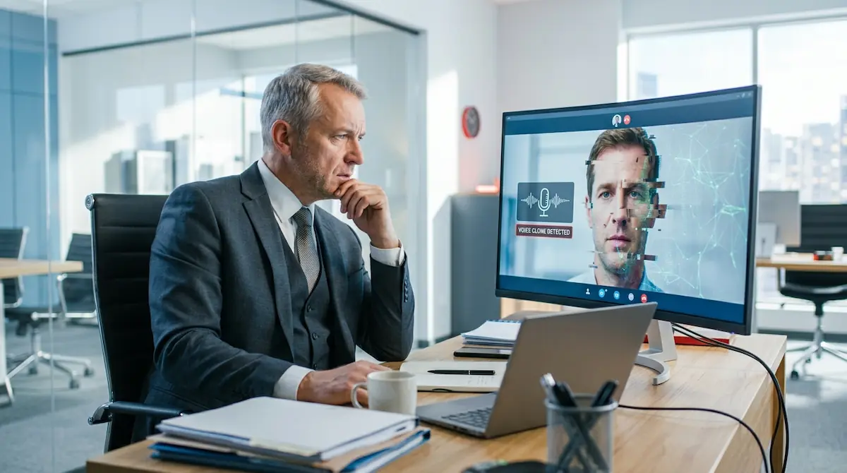 Ejecutivo corporativo siendo suplantado por deepfake mientras intenta aprobar una transacción