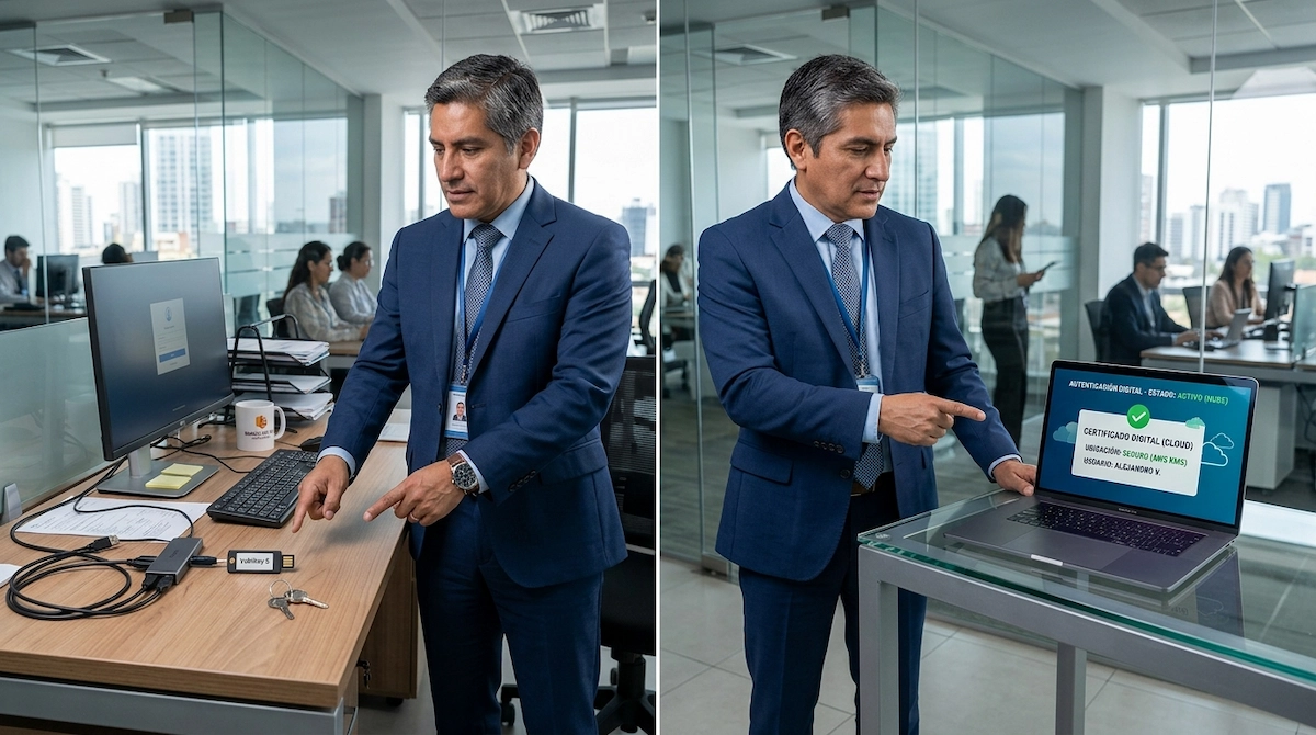Equipo de una empresa latinoamericana firmando documentos con certificado digital en la nube desde una laptop, sin token físico