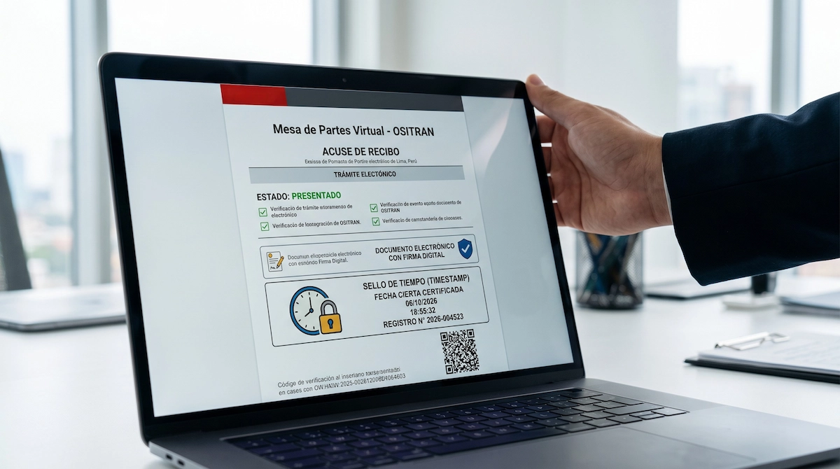 Documento electrónico con firma digital y reloj que representa el sellado de tiempo en un trámite ante una entidad pública