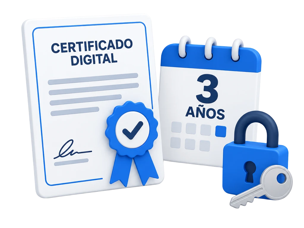 Certificado digital con sello de verificación y calendario de 3 años